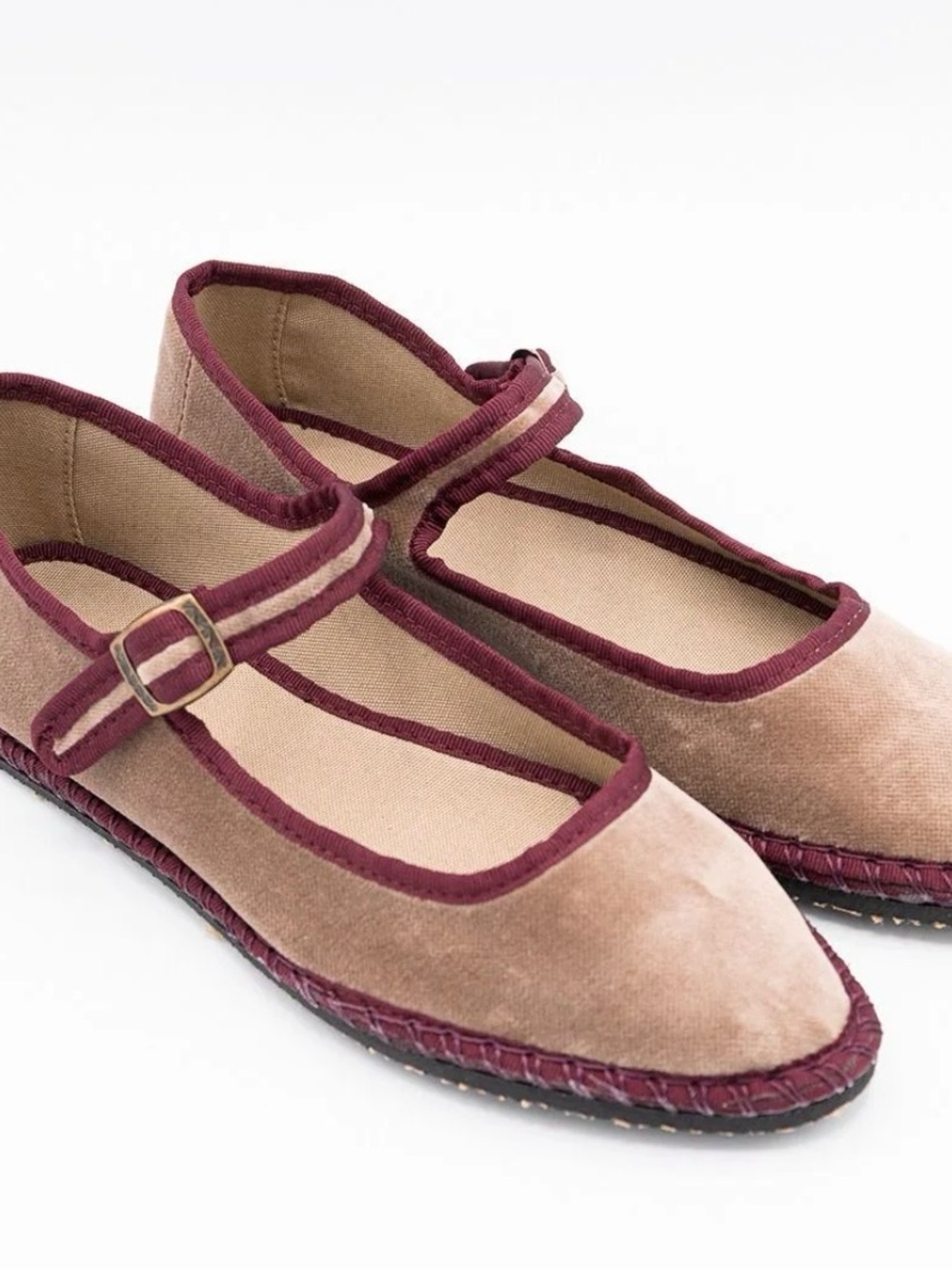 Velvet Mary Jane Flats w/ Burgundy Trim